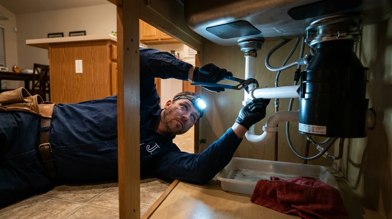 P-trap and supply line connections under a kitchen sink showing a common leak point in Moscow, ID